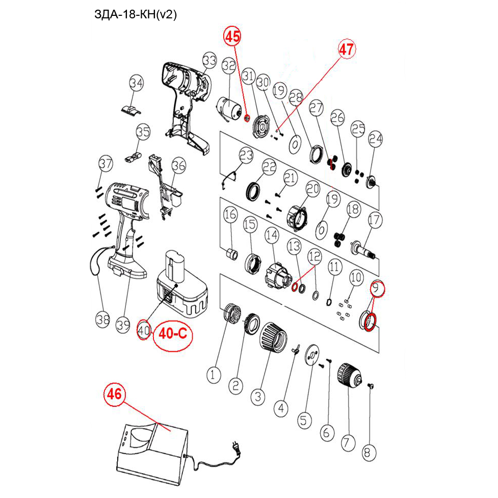 Дрель - шуруповерт, 2 АКБ ЗДА-18-КН